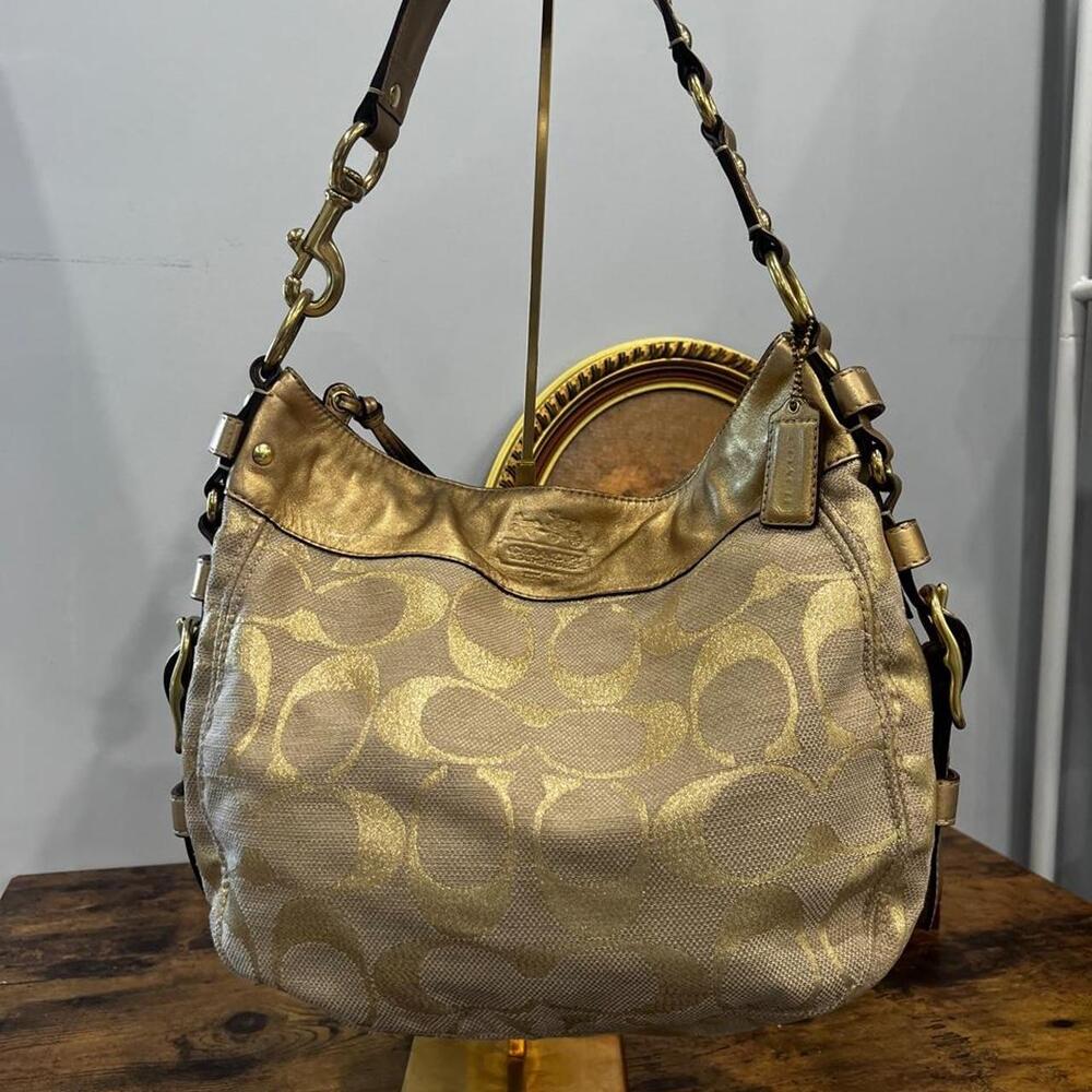 Rare 2008 Coach Zoe Signature Hobo Bag Khaki Gold Y2K Vintage